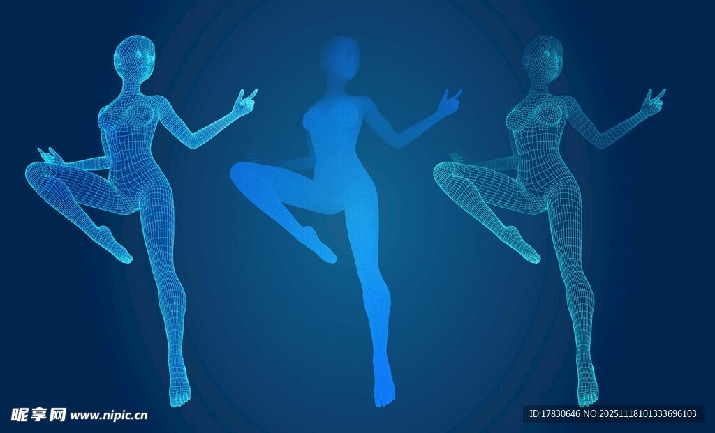 蓝色光影下的动感舞者