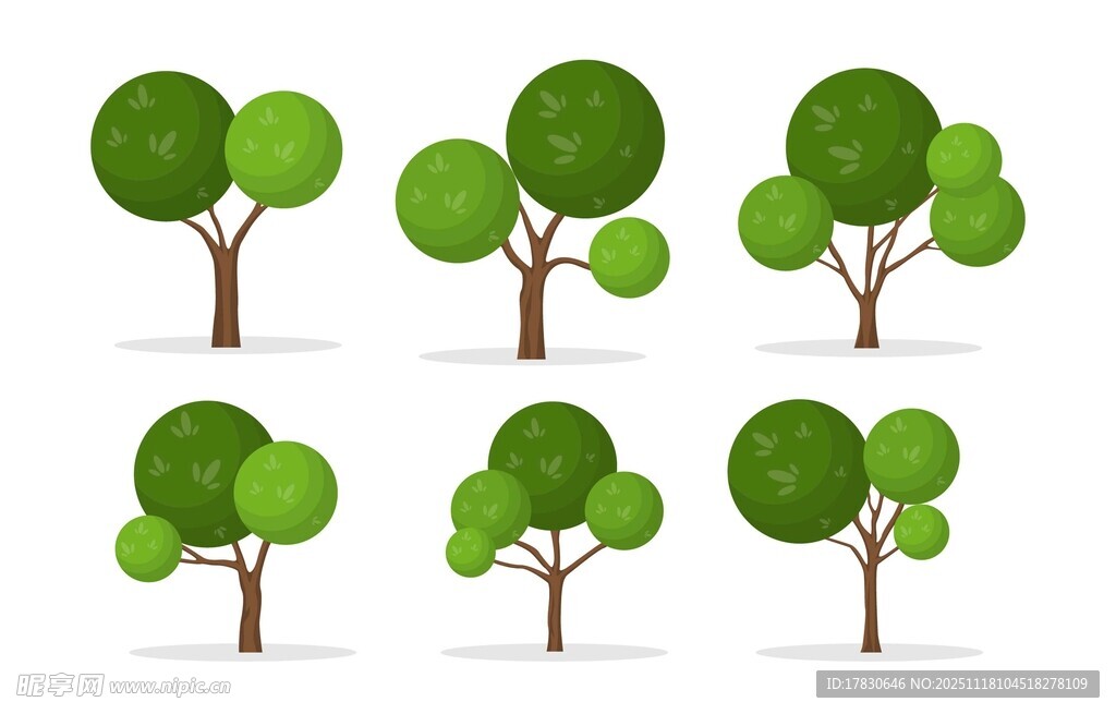 多样造型的绿色树木集合