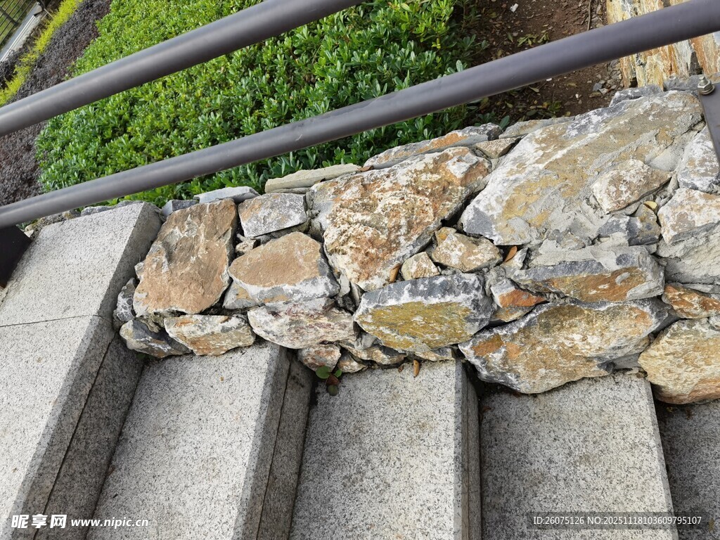石阶旁的石墙与绿植