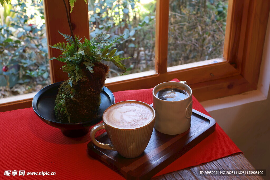 窗边温馨咖啡绿植小景