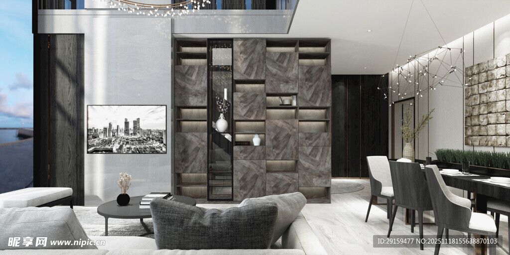 现代简约风客厅餐厅全景