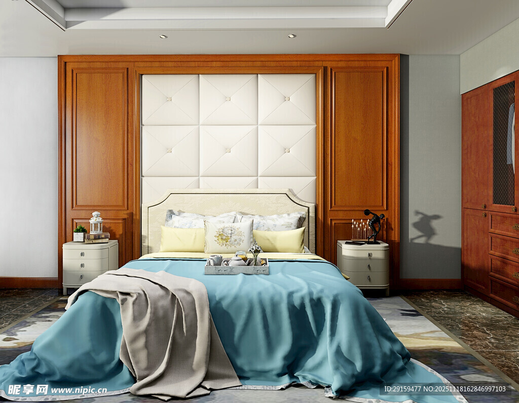现代中式风格温馨卧室场景