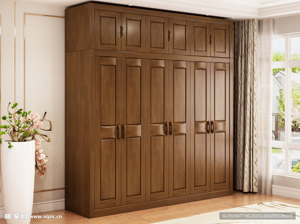 实木棕色四门大衣柜