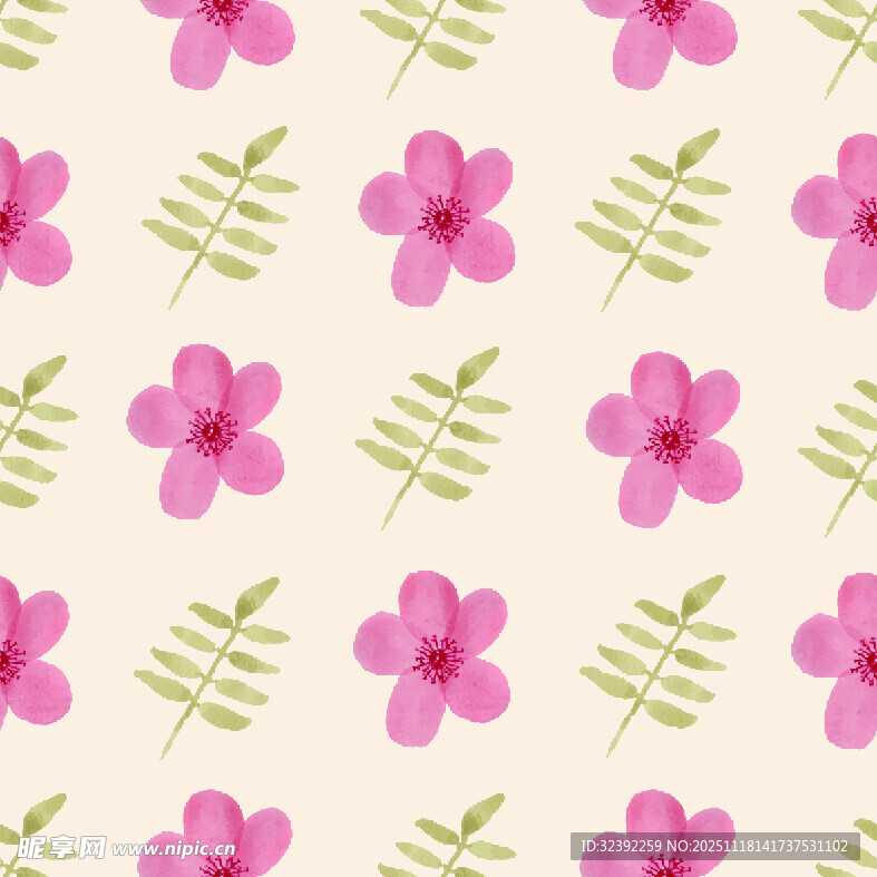 粉色花朵绿叶无缝图案