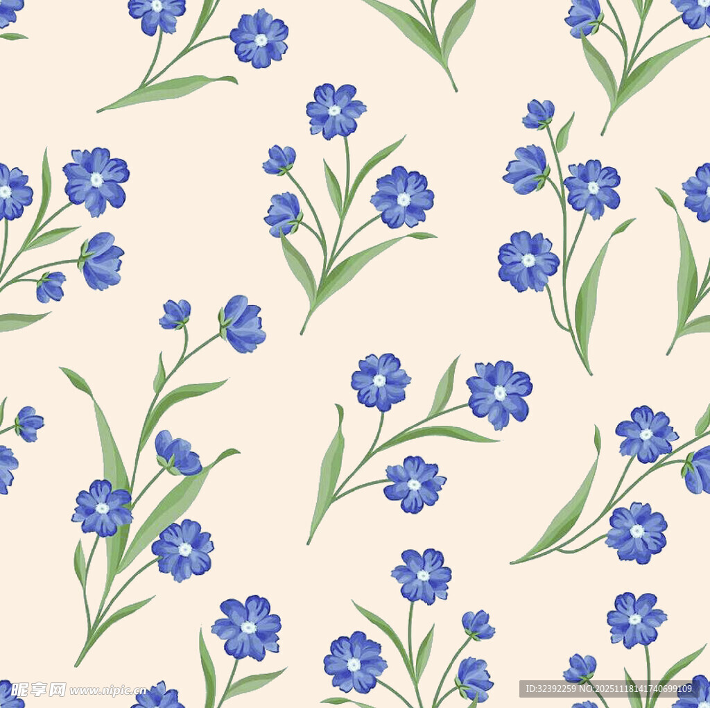 蓝花绿叶无缝花卉图案