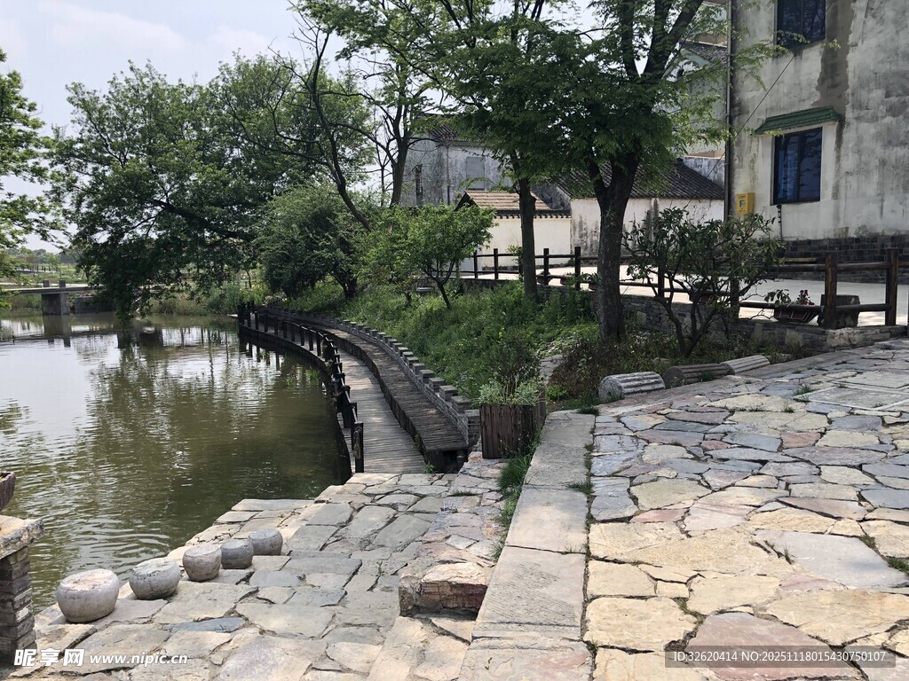 河畔石径旁的静谧景致