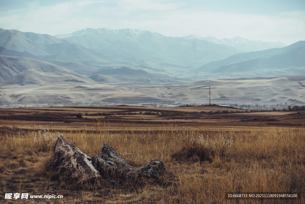 广袤原野与远处山峦景观