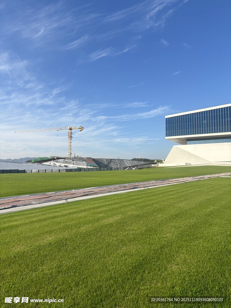 现代建筑旁的翠绿草坪