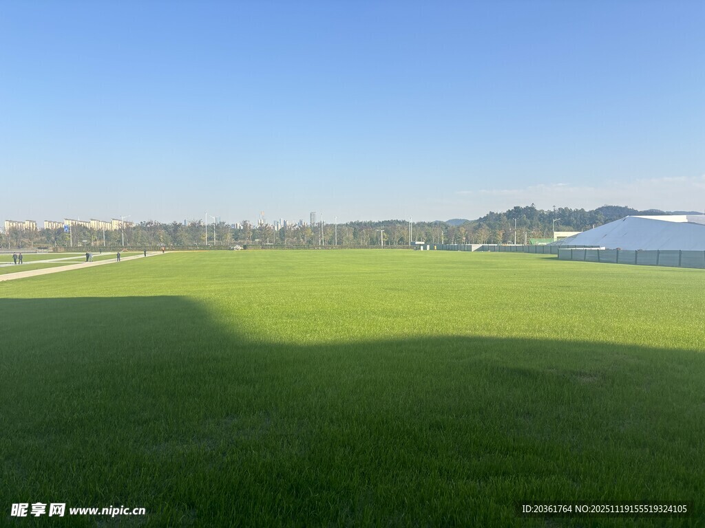 广阔绿草地与远处水域