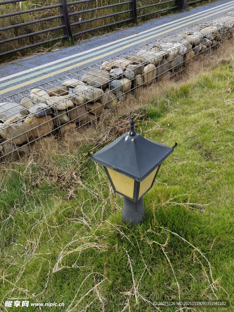 草地中的复古户外小路灯