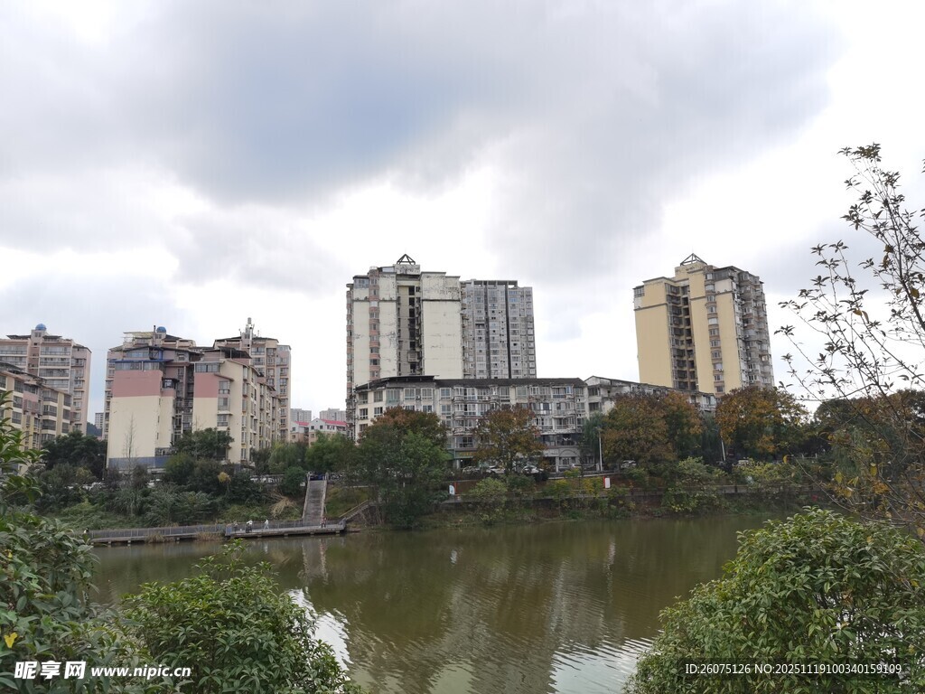 湖畔高楼林立的城市景致