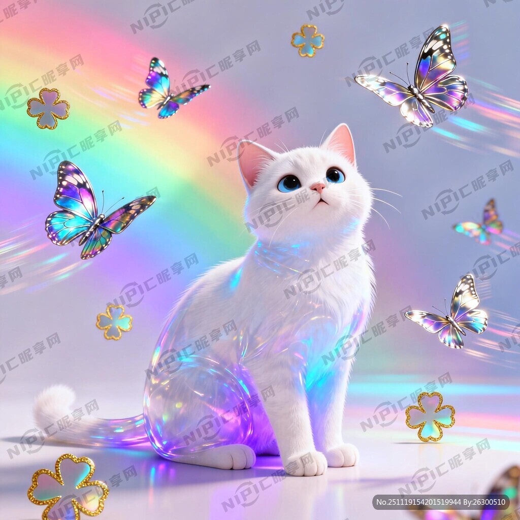 卡通猫咪 全息图 白色