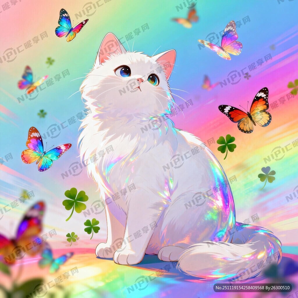 卡通猫咪 全息图 白色