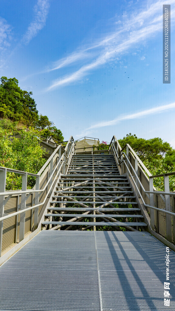 山间木质阶梯通往蓝天