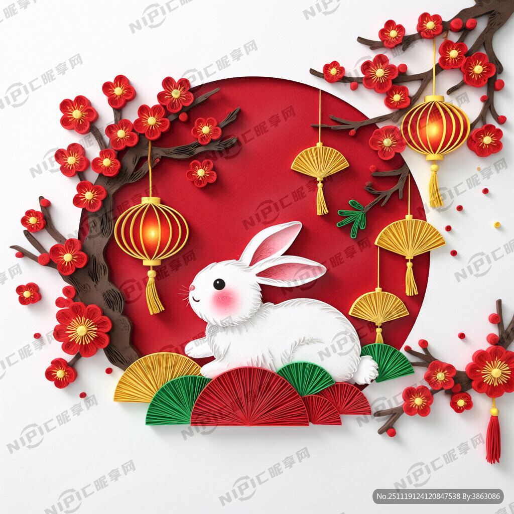 衍纸艺术 春节 可爱兔子 红梅