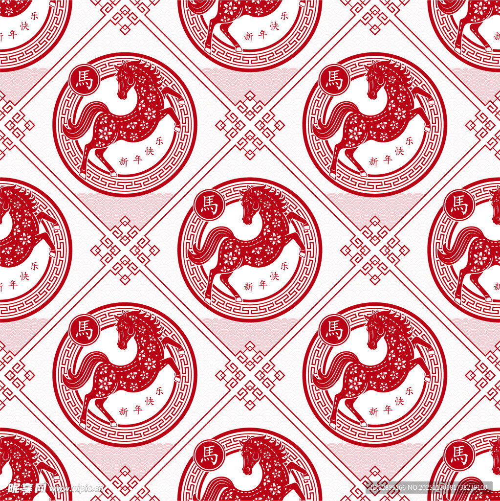 中式红底马纹传统图案