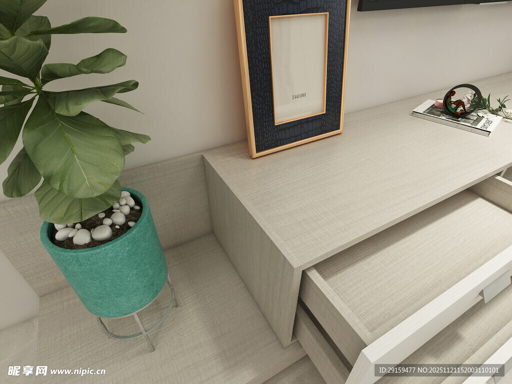 简约室内绿植与置物架摆件