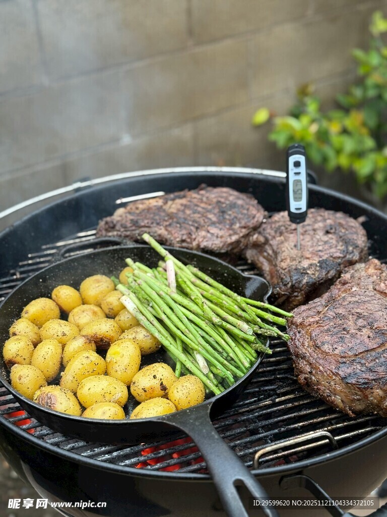 户外烧烤美味肉类与蔬菜