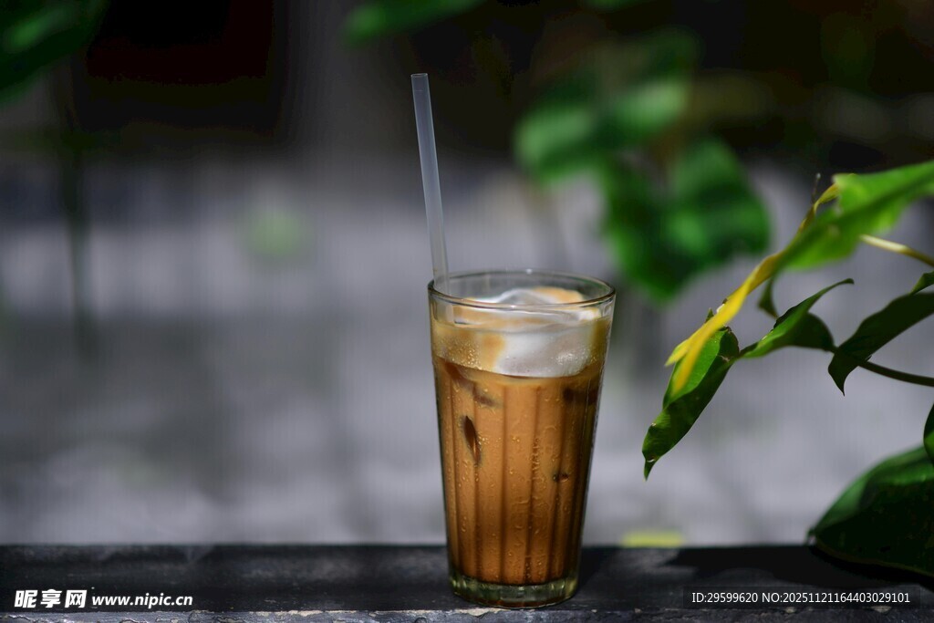 冰咖啡置于绿植旁
