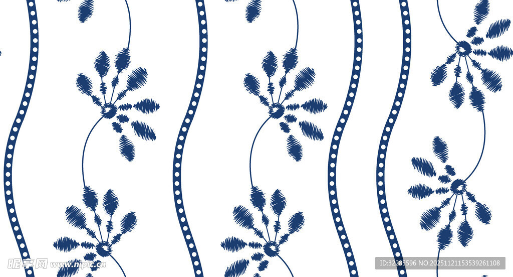 蓝白花卉波浪纹图案