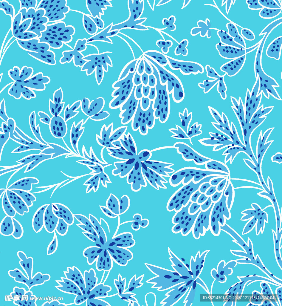蓝白花卉图案背景纹理