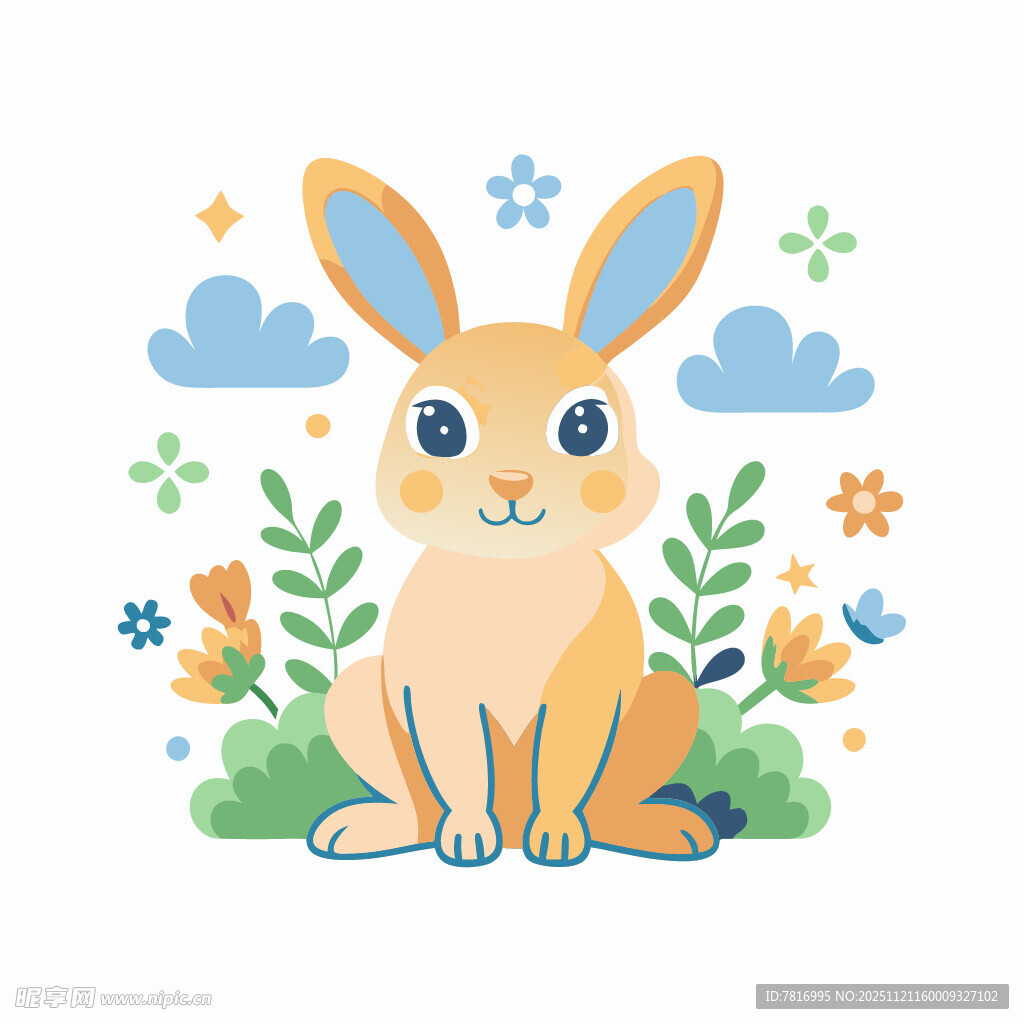 可爱小兔置身花草蓝天间