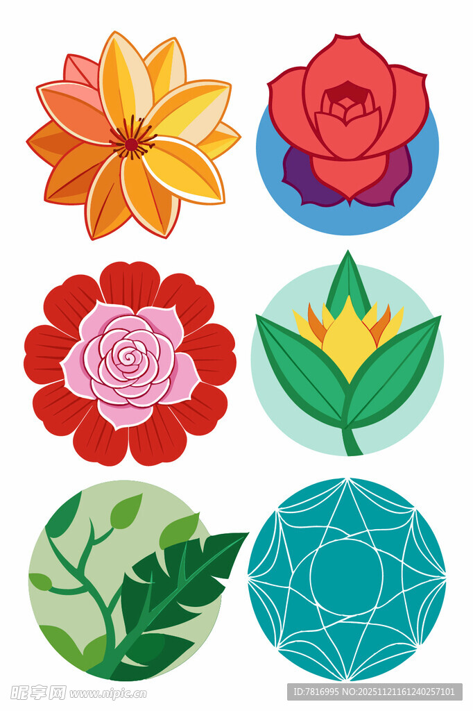 多彩花卉与绿叶图标集合