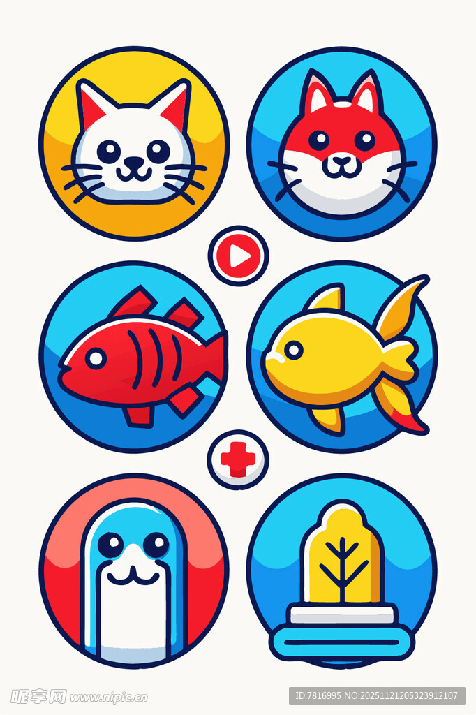 可爱宠物与鱼图标集合