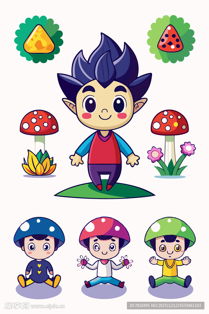 奇幻蘑菇世界中的卡通角色