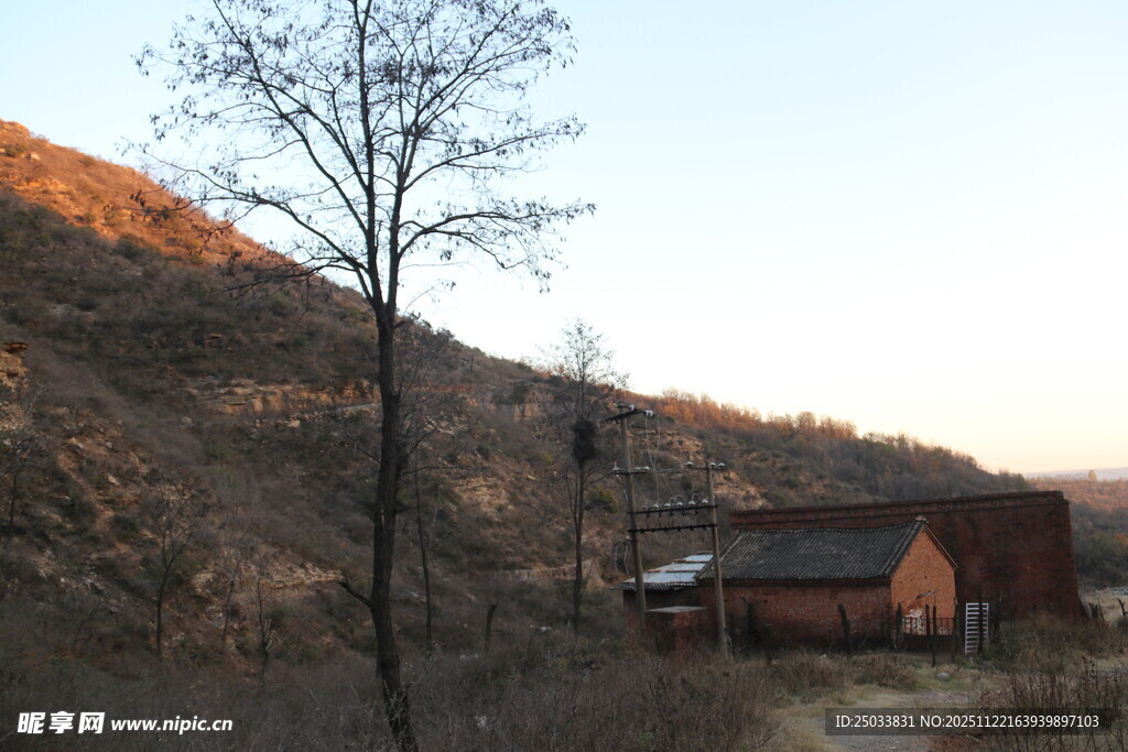 黄昏下的山村小屋与孤树