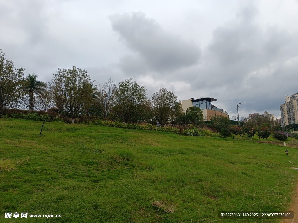 郊外草地与远处建筑景观