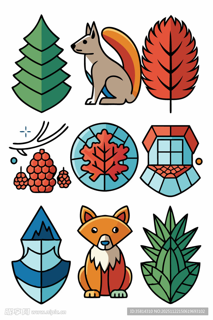 秋季森林动物植物图标集