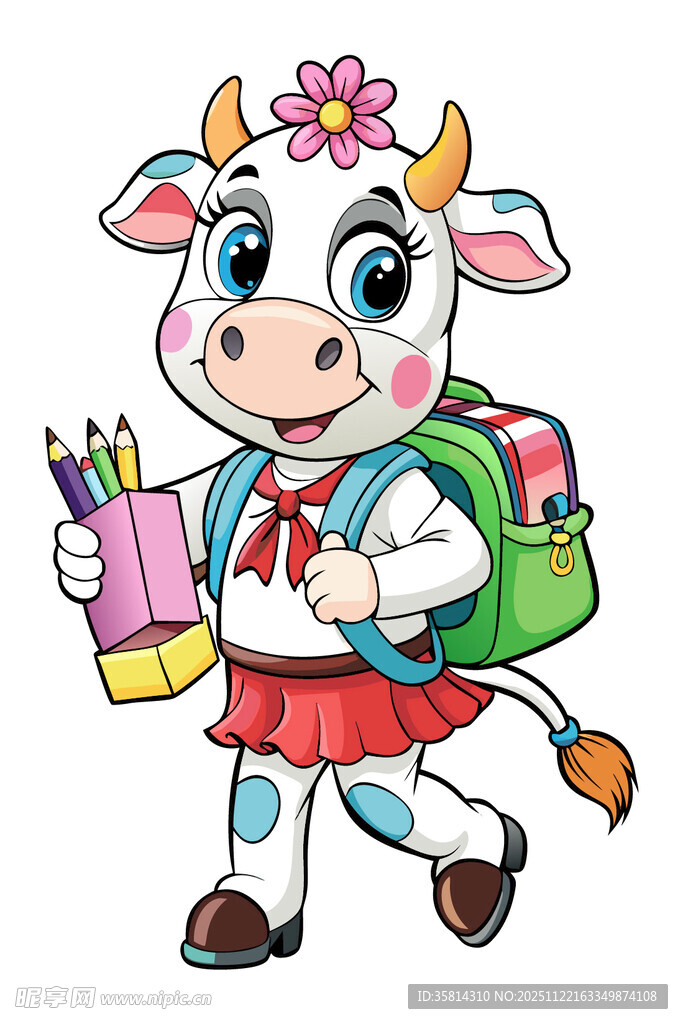 背着书包上学的可爱小牛