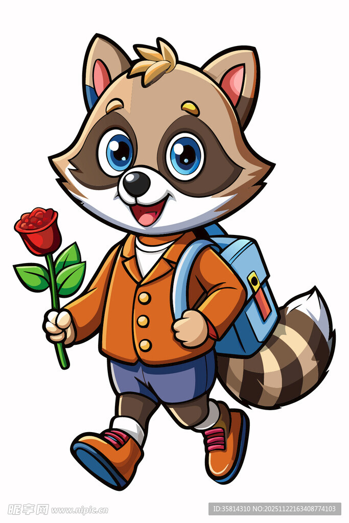 背着书包送花的浣熊