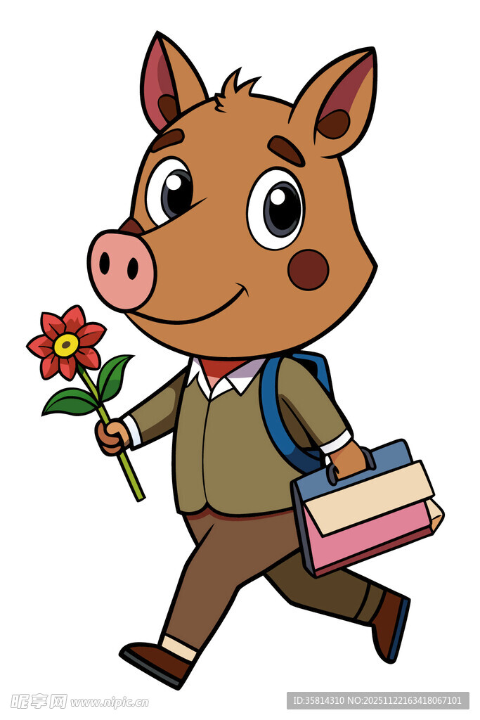 上学小猪手持鲜花与书本