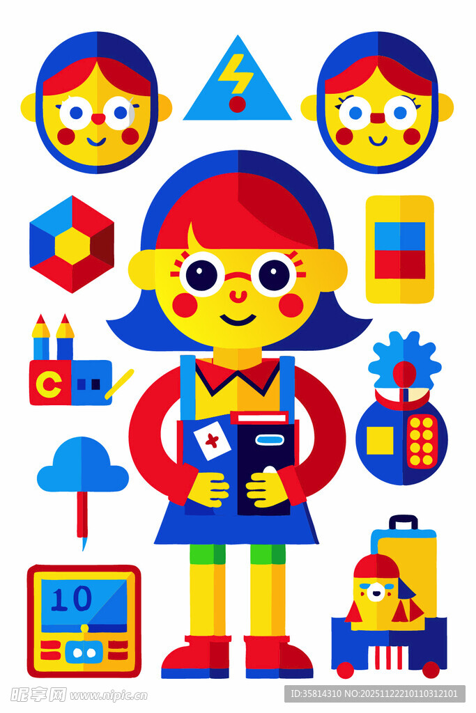 女孩与多彩几何玩具