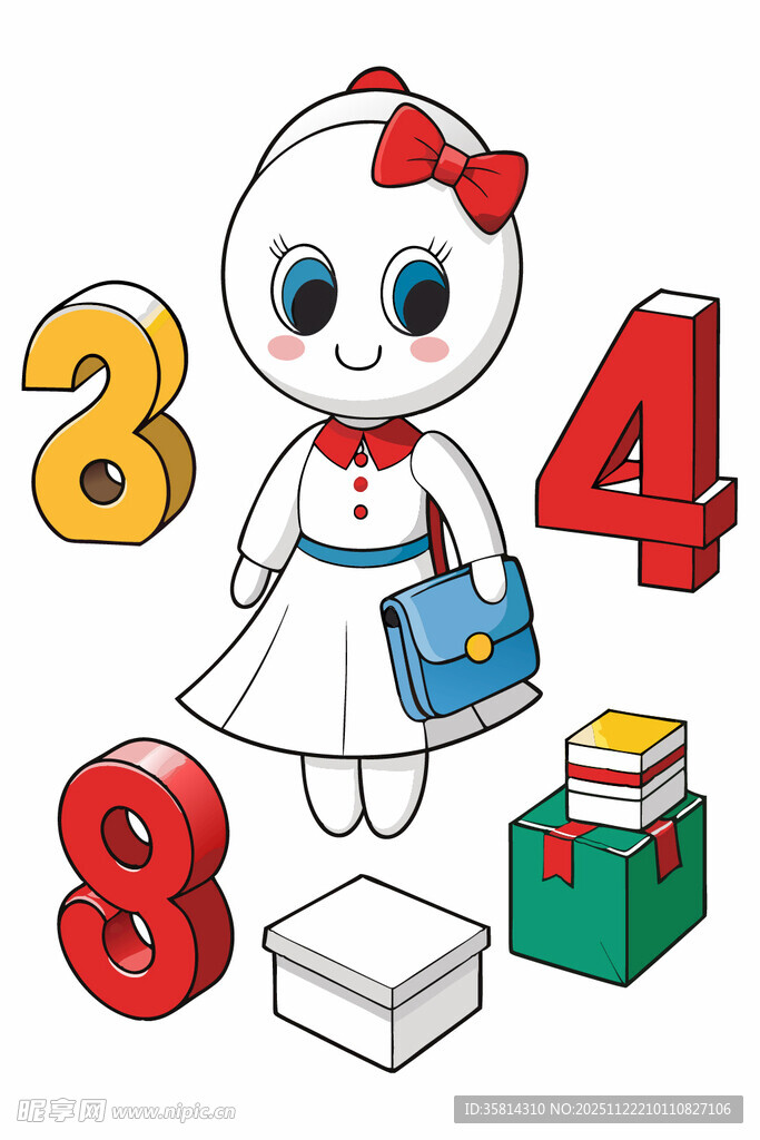 卡通女孩与数字及物品