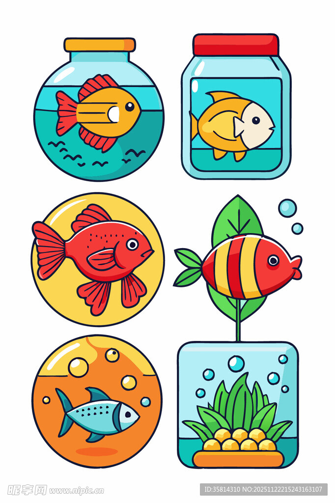 可爱多彩鱼缸小鱼插画