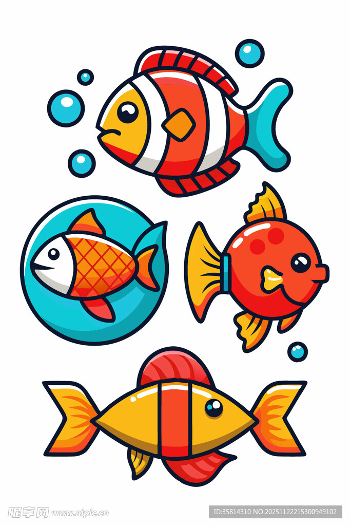 可爱多彩卡通鱼群插画