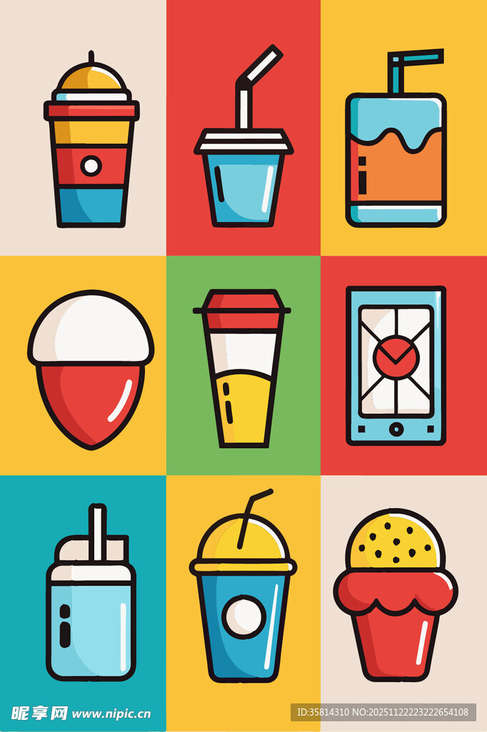 多彩饮品与甜点图标集