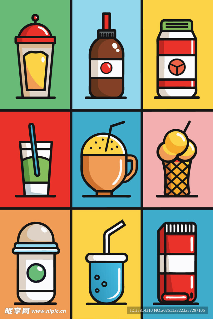 多彩饮品与甜点图标集合