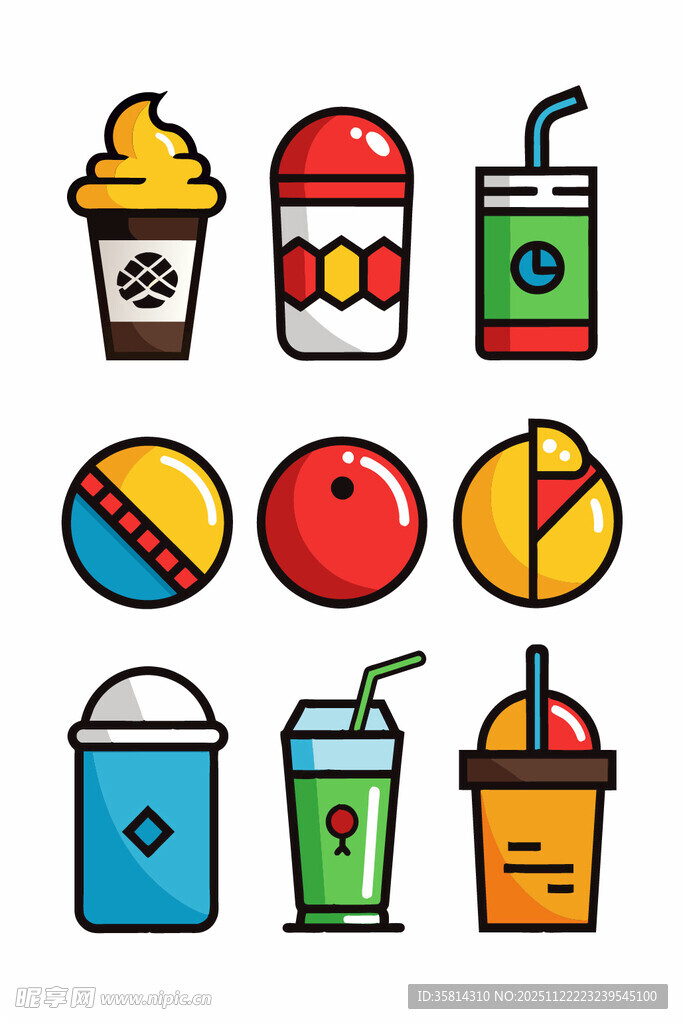 多彩饮品与甜点图标集