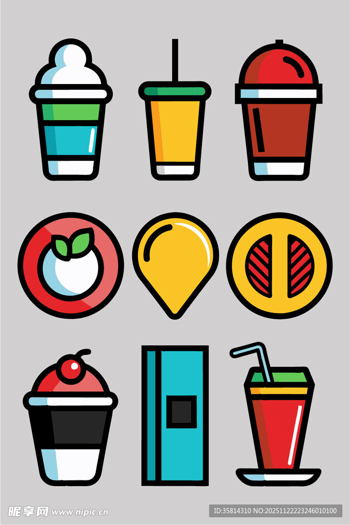 多彩饮品与小吃图标集合