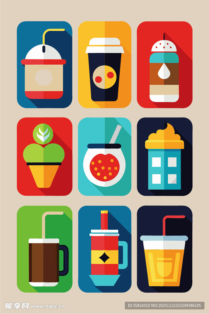 多彩饮品与小吃图标集合
