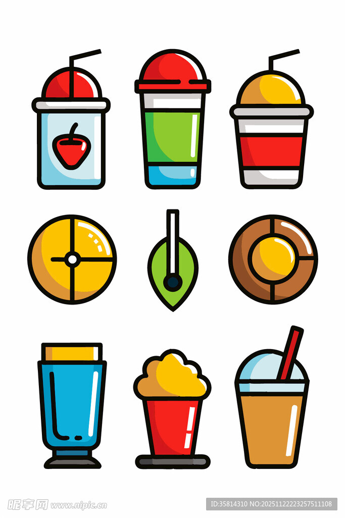多彩饮品与甜点图标集合