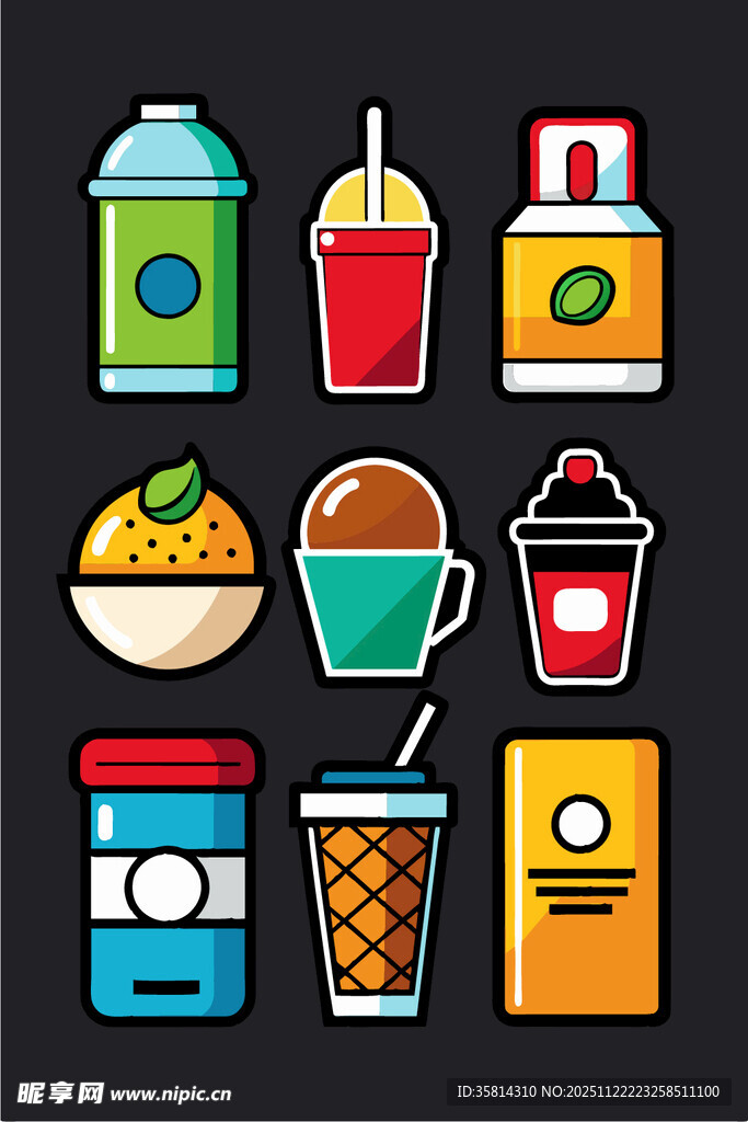 多彩饮品与小吃图标集合