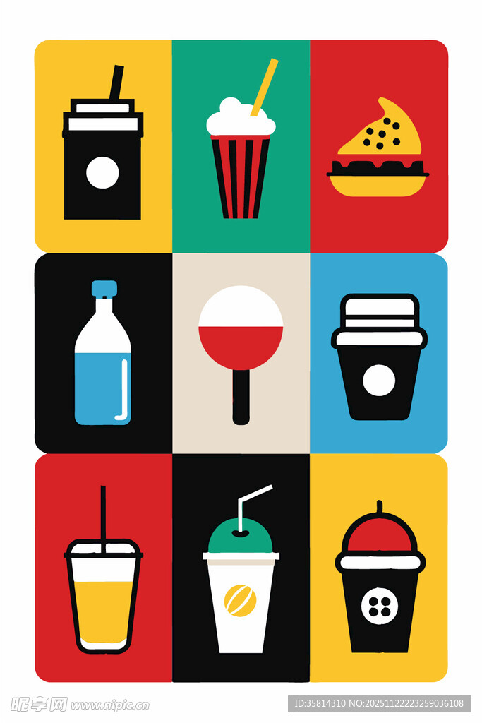 多彩快餐与饮品图标集
