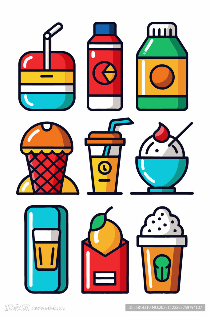 多彩饮品与小吃图标集合
