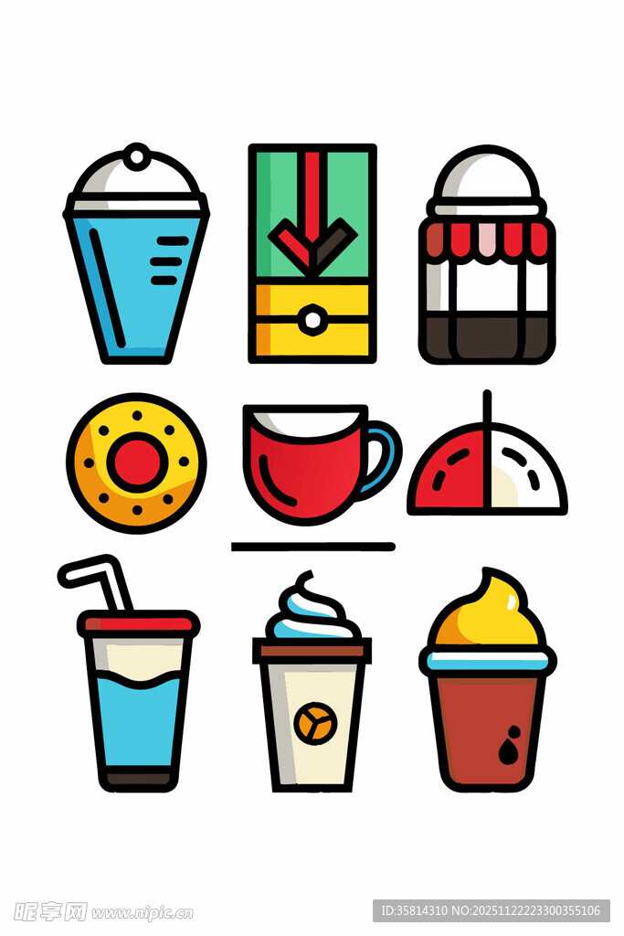 多样饮品与甜点图标集合