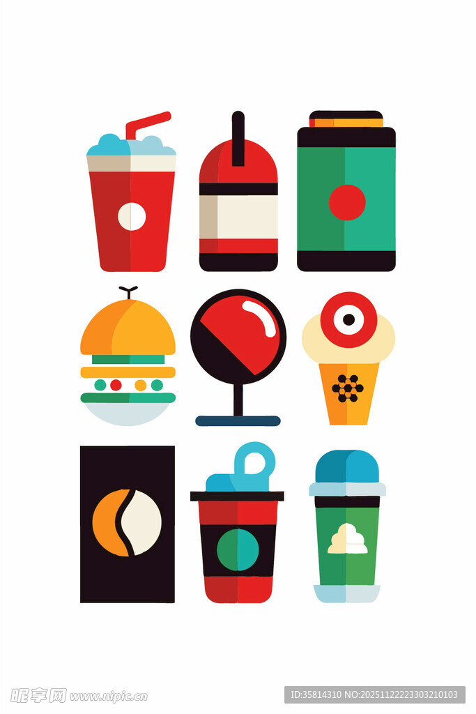 多彩快餐与饮品图标集